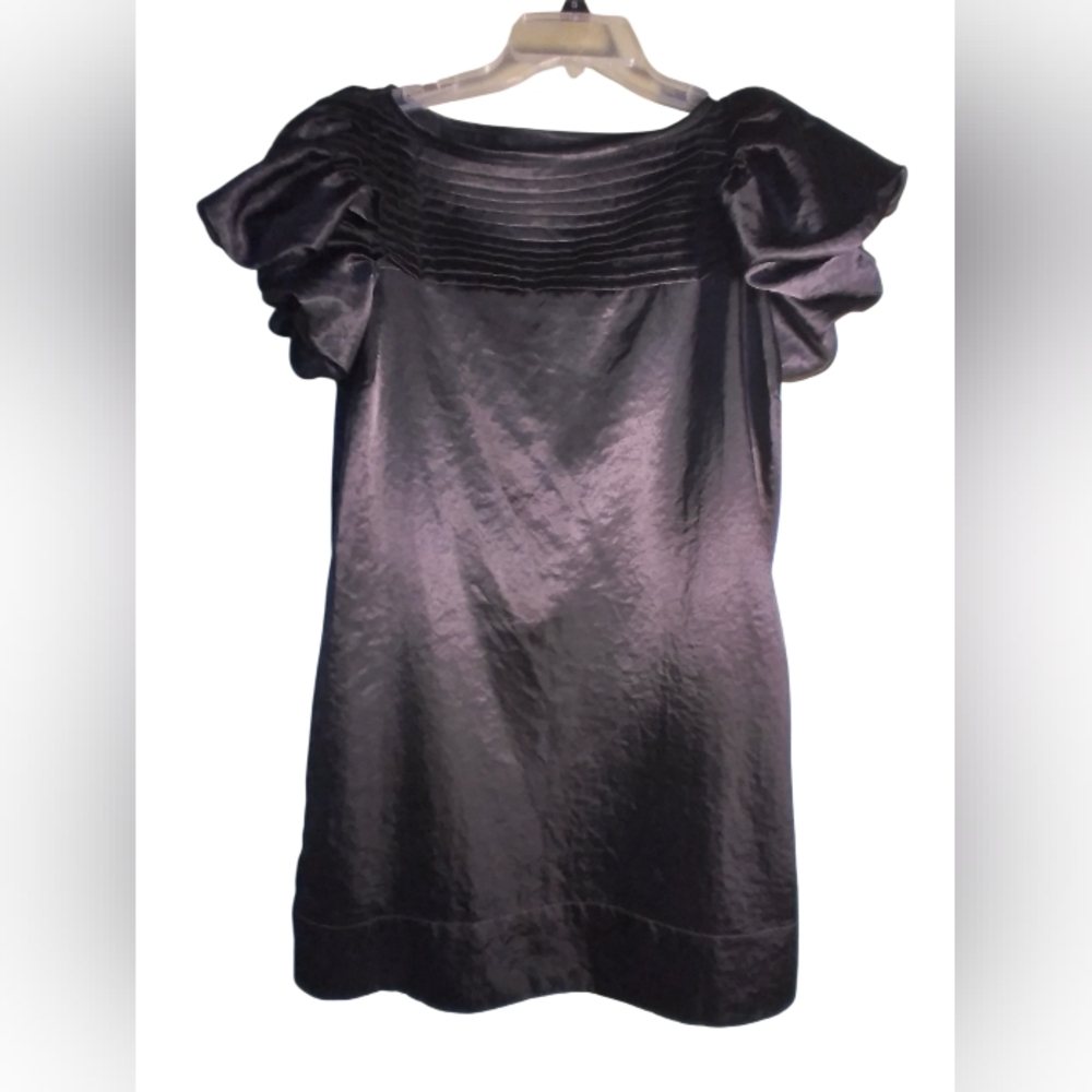 Serena Kay Elegant Black Satin Look Dress Short Puff Sleeves Knee Length Dark 3